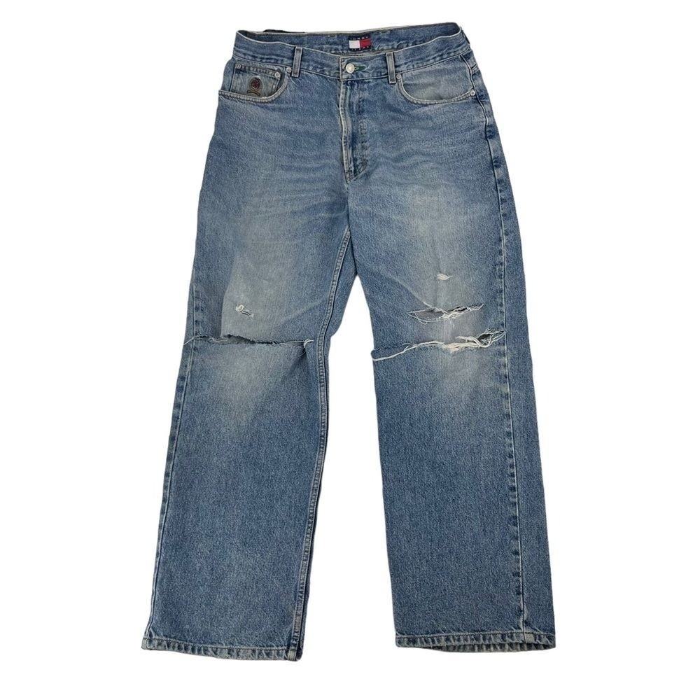 Vintage Tommy Hilfiger Jeans Mens 33x32 Blue Light Wash Baggy Skater Y2K US Flag